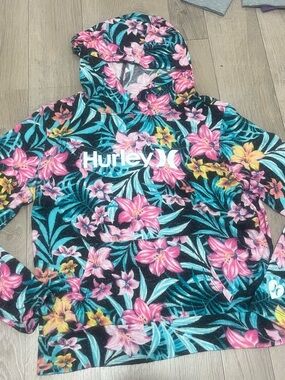 3/$20- Hurley Tropical Floral Hoodie in Pink, Teal & Yellow